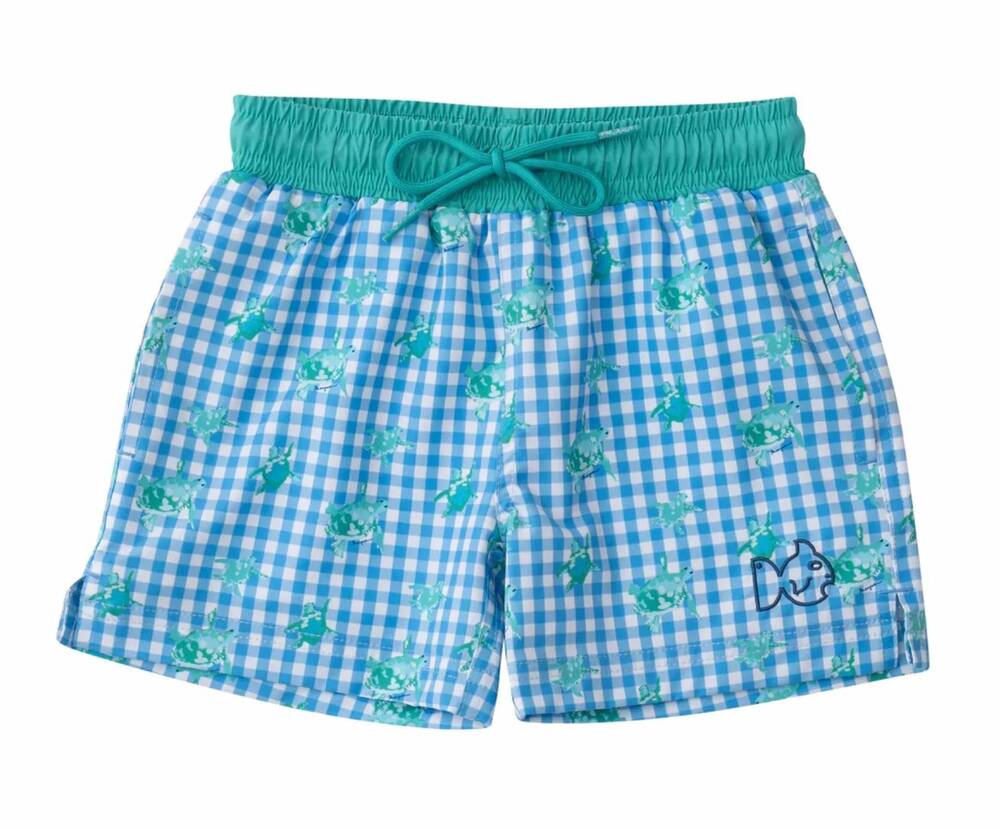 NEW PRODOH boy's boogie board swim trunk in marine blue gingham turtle print